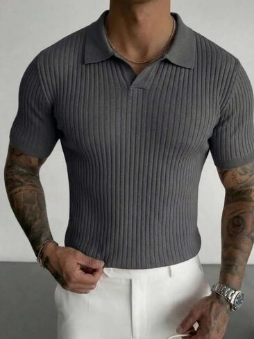 Mens Knit Polo Shirts, Ribbed Short Sleeve Polo Sweater Casual Old Money Summer Shirts for Men in Kuwait