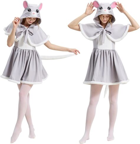 Mouse Costume for Women Girls, Cute Animal Hooded Cape + Dress Set with Tail, Halloween Cosplay in Saudi Arabia