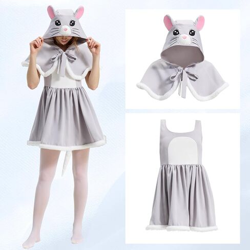 Mouse Costume for Women Girls, Cute Animal Hooded Cape + Dress Set with Tail, Halloween Cosplay in Saudi Arabia