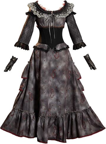 MEOWCOS Gothic Vintage Set U-Neck Top Ruffled Skirt with Corset and Gloves Halloween Costume in Kuwait
