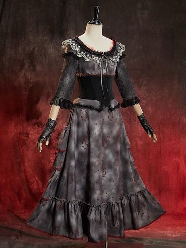 MEOWCOS Gothic Vintage Set U-Neck Top Ruffled Skirt with Corset and Gloves Halloween Costume in Kuwait