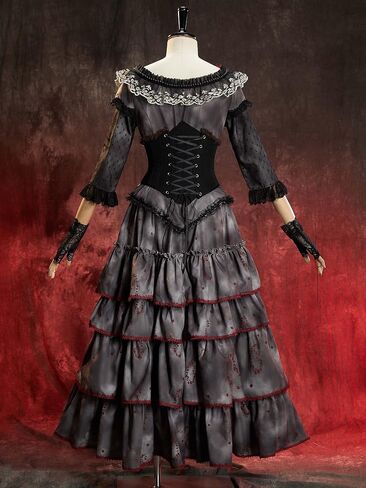 MEOWCOS Gothic Vintage Set U-Neck Top Ruffled Skirt with Corset and Gloves Halloween Costume in Kuwait