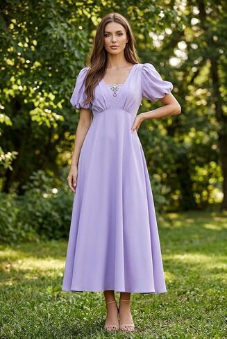 فستان نسائي من NSPSTT باللون الأرجواني من عصر ريجنسي 1800s، ثوب بخصر إمبراطوري مع أكمام منتفخة وبروش لحفلات الشاي in Kuwait