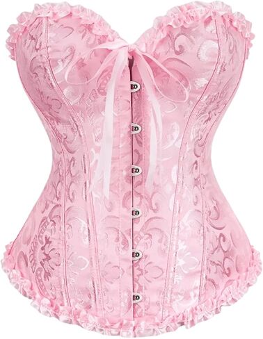 OYOANGLE Women's Floral Jacquard Overbust Corset Bustier Strapless Frill Trim Cincher Shapewear in Kuwait
