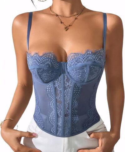 Lace Corset Tops for Women Going Out Spaghetti Strap Date Night Top Mesh Party Club Top with Buckle in Saudi Arabia