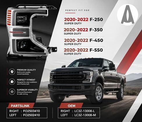Headlamp Replacement For Ford F-250 Super Duty 2020 2021 2022 LED Headlight Assembly With Bulbs, Right/Passenger Side, LC3Z-13008-L / LC3Z13008L / FO2503410 DOT/SAE Compliant in Kuwait