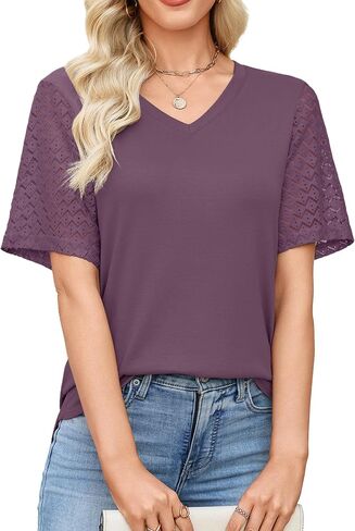 Totatuit Women's V Neck Casual Tops Lace Short Sleeve Summer Tunic Shirts for Women Loose Fit Breathable Cotton Blouses in Kuwait