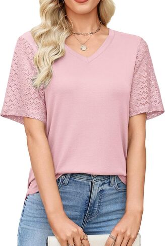 Totatuit Women's V Neck Casual Tops Lace Short Sleeve Summer Tunic Shirts for Women Loose Fit Breathable Cotton Blouses in Kuwait