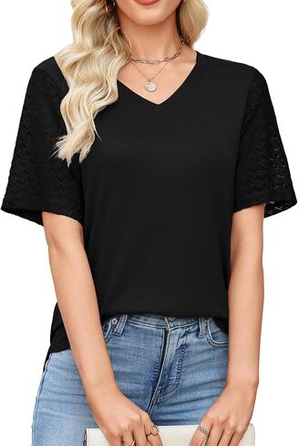 Totatuit Women's V Neck Casual Tops Lace Short Sleeve Summer Tunic Shirts for Women Loose Fit Breathable Cotton Blouses in Kuwait
