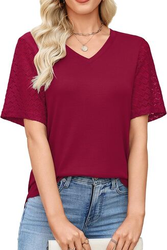 Totatuit Women's V Neck Casual Tops Lace Short Sleeve Summer Tunic Shirts for Women Loose Fit Breathable Cotton Blouses in Kuwait