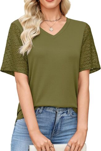 Totatuit Women's V Neck Casual Tops Lace Short Sleeve Summer Tunic Shirts for Women Loose Fit Breathable Cotton Blouses in Kuwait