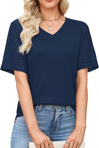 Totatuit Women's V Neck Casual Tops Lace Short Sleeve Summer Tunic Shirts for Women Loose Fit Breathable Cotton Blouses in Kuwait