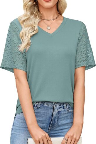 Totatuit Women's V Neck Casual Tops Lace Short Sleeve Summer Tunic Shirts for Women Loose Fit Breathable Cotton Blouses in Kuwait