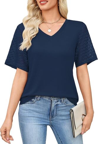 Totatuit Women's V Neck Casual Tops Lace Short Sleeve Summer Tunic Shirts for Women Loose Fit Breathable Cotton Blouses in Kuwait