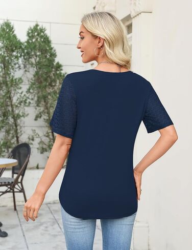 Totatuit Women's V Neck Casual Tops Lace Short Sleeve Summer Tunic Shirts for Women Loose Fit Breathable Cotton Blouses in Kuwait