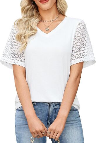 Totatuit Women's V Neck Casual Tops Lace Short Sleeve Summer Tunic Shirts for Women Loose Fit Breathable Cotton Blouses in Kuwait