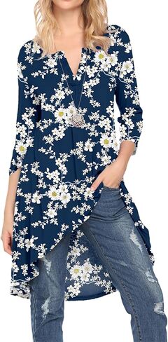 Naggoo Extra Long Shirts for Women for Leggings 3/4 Sleeve Tunic Tops High Low Hem Loose Fit Dressy Blouses S-3XL in Saudi Arabia