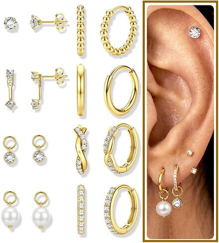 Gold Hoop Earrings for Women 14K Plated Stud Earring Set Dainty Small Hoops Jewelry Huggie Stack Hypoallergenic Non Tarnish Stainless Steel Cartilage Ear Piercing Silver Color in Saudi Arabia