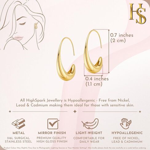 HighSpark Gold Teardrop Hoop Earrings for Women | 18k Gold Plated Statement Oval Earrings | Jewelry Gift in Saudi Arabia