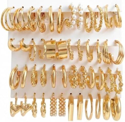 24 Pairs Gold Hoop Earrings Set for Women - Hypoallergenic Chunky Chain Twisted Hoop Earrings Pack, Fashion Lightweight Dangle Earrings Jewelry Set Gift in Kuwait