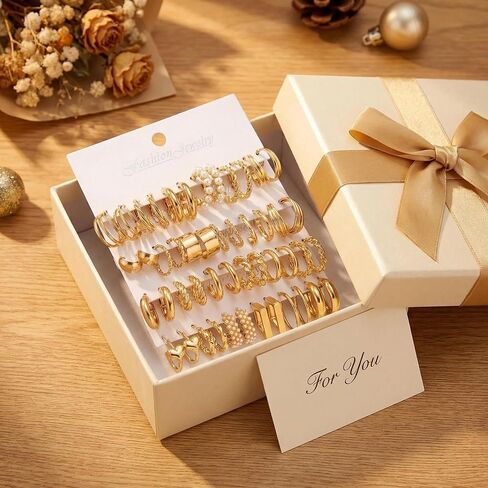 24 Pairs Gold Hoop Earrings Set for Women - Hypoallergenic Chunky Chain Twisted Hoop Earrings Pack, Fashion Lightweight Dangle Earrings Jewelry Set Gift in Kuwait
