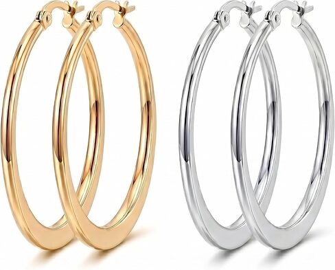 14K Gold Hoop Earrings for Women, 2 Pairs Set, Waterproof & Hypoallergenic, Yellow & White Gold Hoop Earrings for Sensitive Ears, Classic Shiny Lightweight Jewelry in Kuwait