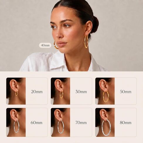 14K Gold Hoop Earrings for Women, 2 Pairs Set, Waterproof & Hypoallergenic, Yellow & White Gold Hoop Earrings for Sensitive Ears, Classic Shiny Lightweight Jewelry in Kuwait