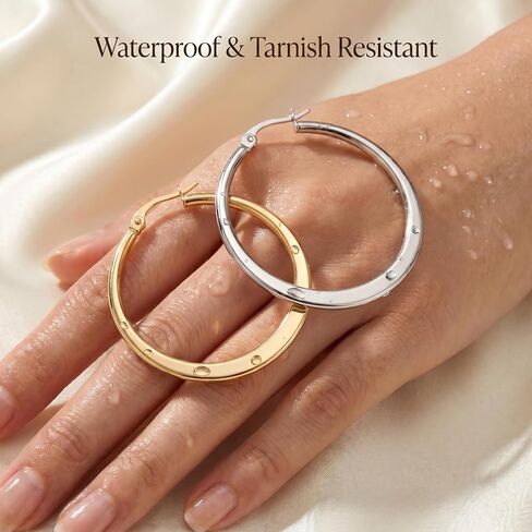 14K Gold Hoop Earrings for Women, 2 Pairs Set, Waterproof & Hypoallergenic, Yellow & White Gold Hoop Earrings for Sensitive Ears, Classic Shiny Lightweight Jewelry in Kuwait
