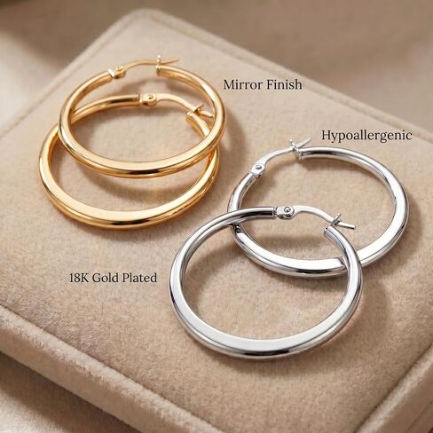14K Gold Hoop Earrings for Women, 2 Pairs Set, Waterproof & Hypoallergenic, Yellow & White Gold Hoop Earrings for Sensitive Ears, Classic Shiny Lightweight Jewelry in Kuwait