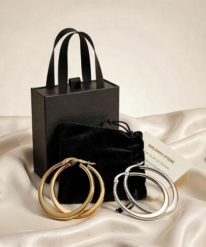 14K Gold Hoop Earrings for Women, 2 Pairs Set, Waterproof & Hypoallergenic, Yellow & White Gold Hoop Earrings for Sensitive Ears, Classic Shiny Lightweight Jewelry in Kuwait