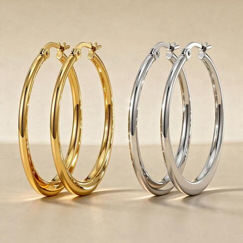 14K Gold Hoop Earrings for Women, 2 Pairs Set, Waterproof & Hypoallergenic, Yellow & White Gold Hoop Earrings for Sensitive Ears, Classic Shiny Lightweight Jewelry in Kuwait