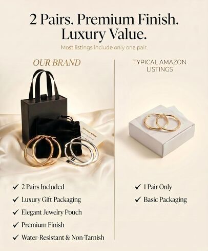 14K Gold Hoop Earrings for Women, 2 Pairs Set, Waterproof & Hypoallergenic, Yellow & White Gold Hoop Earrings for Sensitive Ears, Classic Shiny Lightweight Jewelry in Kuwait