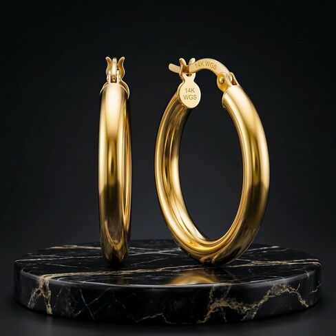 SHOP WGS Italian 14K Solid Gold Round Shape Hoop Earrings for Men & Women - Real 14K Yellow Gold Hoop Earrings for Women Jewelry Anniversary Birthday Gifts in Saudi Arabia