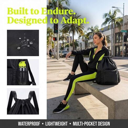 Waterproof Drawstring Backpack Gym Bag for Men Women, Lightweight Sports Cinch Sack with Front Pocket & Side Mesh Pockets, Large Capacity Durable String Bag for Gym Workout Travel Beach Swimming Black in Kuwait