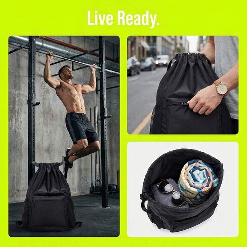 Waterproof Drawstring Backpack Gym Bag for Men Women, Lightweight Sports Cinch Sack with Front Pocket & Side Mesh Pockets, Large Capacity Durable String Bag for Gym Workout Travel Beach Swimming Black in Kuwait