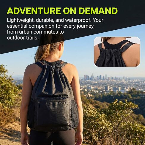 Waterproof Drawstring Backpack Gym Bag for Men Women, Lightweight Sports Cinch Sack with Front Pocket & Side Mesh Pockets, Large Capacity Durable String Bag for Gym Workout Travel Beach Swimming Black in Kuwait