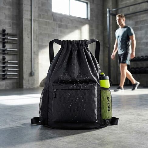 Waterproof Drawstring Backpack Gym Bag for Men Women, Lightweight Sports Cinch Sack with Front Pocket & Side Mesh Pockets, Large Capacity Durable String Bag for Gym Workout Travel Beach Swimming Black in Kuwait