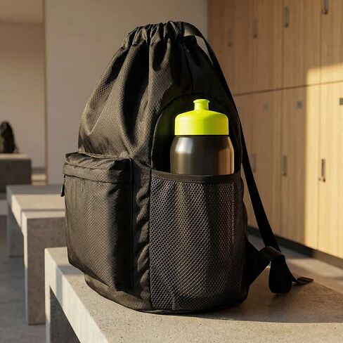Waterproof Drawstring Backpack Gym Bag for Men Women, Lightweight Sports Cinch Sack with Front Pocket & Side Mesh Pockets, Large Capacity Durable String Bag for Gym Workout Travel Beach Swimming Black in Kuwait