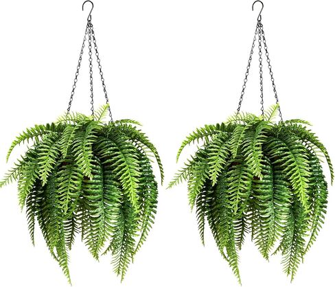 2 Set Fake Ferns with Hanging Baskets, Realistic Fake Hanging Plants, UV Resistant Artificial Ferns Outdoor Faux Plants for Front Porch Patio Garden Home Décor, No Assembly Required in Saudi Arabia