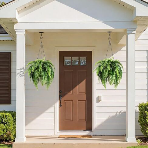 2 Set Fake Ferns with Hanging Baskets, Realistic Fake Hanging Plants, UV Resistant Artificial Ferns Outdoor Faux Plants for Front Porch Patio Garden Home Décor, No Assembly Required in Saudi Arabia