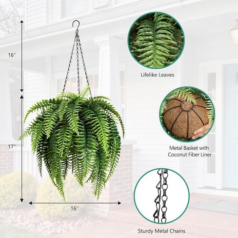 2 Set Fake Ferns with Hanging Baskets, Realistic Fake Hanging Plants, UV Resistant Artificial Ferns Outdoor Faux Plants for Front Porch Patio Garden Home Décor, No Assembly Required in Saudi Arabia