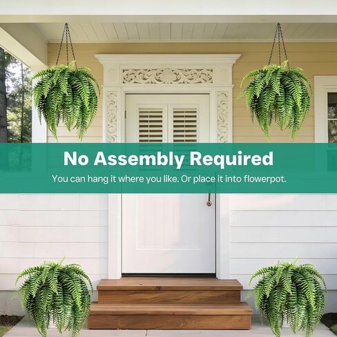 2 Set Fake Ferns with Hanging Baskets, Realistic Fake Hanging Plants, UV Resistant Artificial Ferns Outdoor Faux Plants for Front Porch Patio Garden Home Décor, No Assembly Required in Saudi Arabia