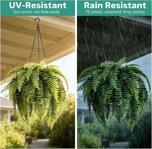 2 Set Fake Ferns with Hanging Baskets, Realistic Fake Hanging Plants, UV Resistant Artificial Ferns Outdoor Faux Plants for Front Porch Patio Garden Home Décor, No Assembly Required in Saudi Arabia
