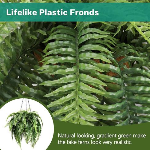 2 Set Fake Ferns with Hanging Baskets, Realistic Fake Hanging Plants, UV Resistant Artificial Ferns Outdoor Faux Plants for Front Porch Patio Garden Home Décor, No Assembly Required in Saudi Arabia