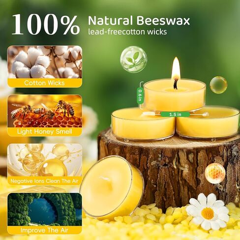 12 Pack Pure Beeswax Tea Light Candles-Natural Beeswax Tealight Candles-2 Hour Short Burn Time Tea Candle for Meditation, Yoga,Shabbat and Home Decor Air Purifying-Smokeless in Kuwait