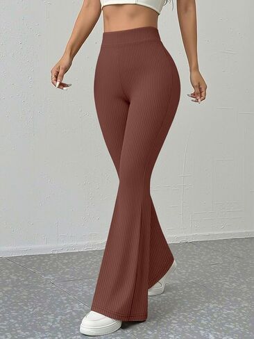 Flare Leggings for Women Black Leggings - Ribbed High Waist Butt Lifting Stretchy Yoga Pants for Casual Gym in Kuwait
