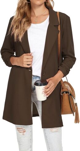 Unifizz Long Blazer Jackets for Women Button Front Casual Long Sleeve Notched Lapel Slim Work Office Blazer Jacket Suit #Dark Brown,Size XL#, X-Large in Kuwait
