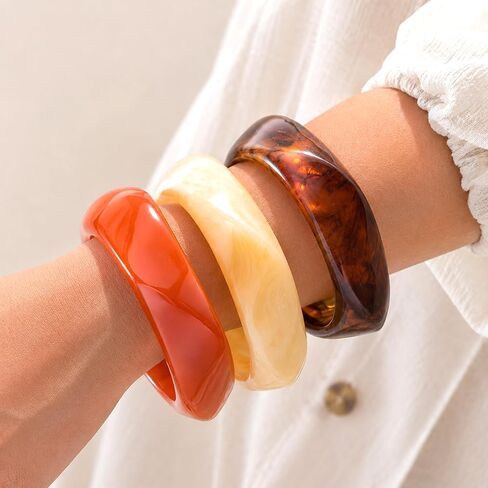 Chunky Resin Acrylic Bangle Bracelets for Women, 3 Pcs Brown Wide Geometric Bangles Set, Stackable Statement Bracelet Jewelry for Daily Festival Beach Gift in Saudi Arabia