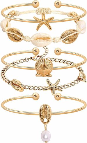 5 Pcs Gold Shell Starfish Bracelets Seashell Stretch Bracelet Layered Bangle Bracelet for Women Summer Beach Jewelry in Saudi Arabia