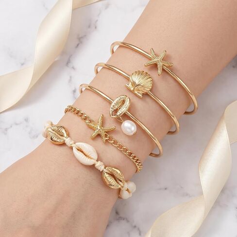 5 Pcs Gold Shell Starfish Bracelets Seashell Stretch Bracelet Layered Bangle Bracelet for Women Summer Beach Jewelry in Saudi Arabia